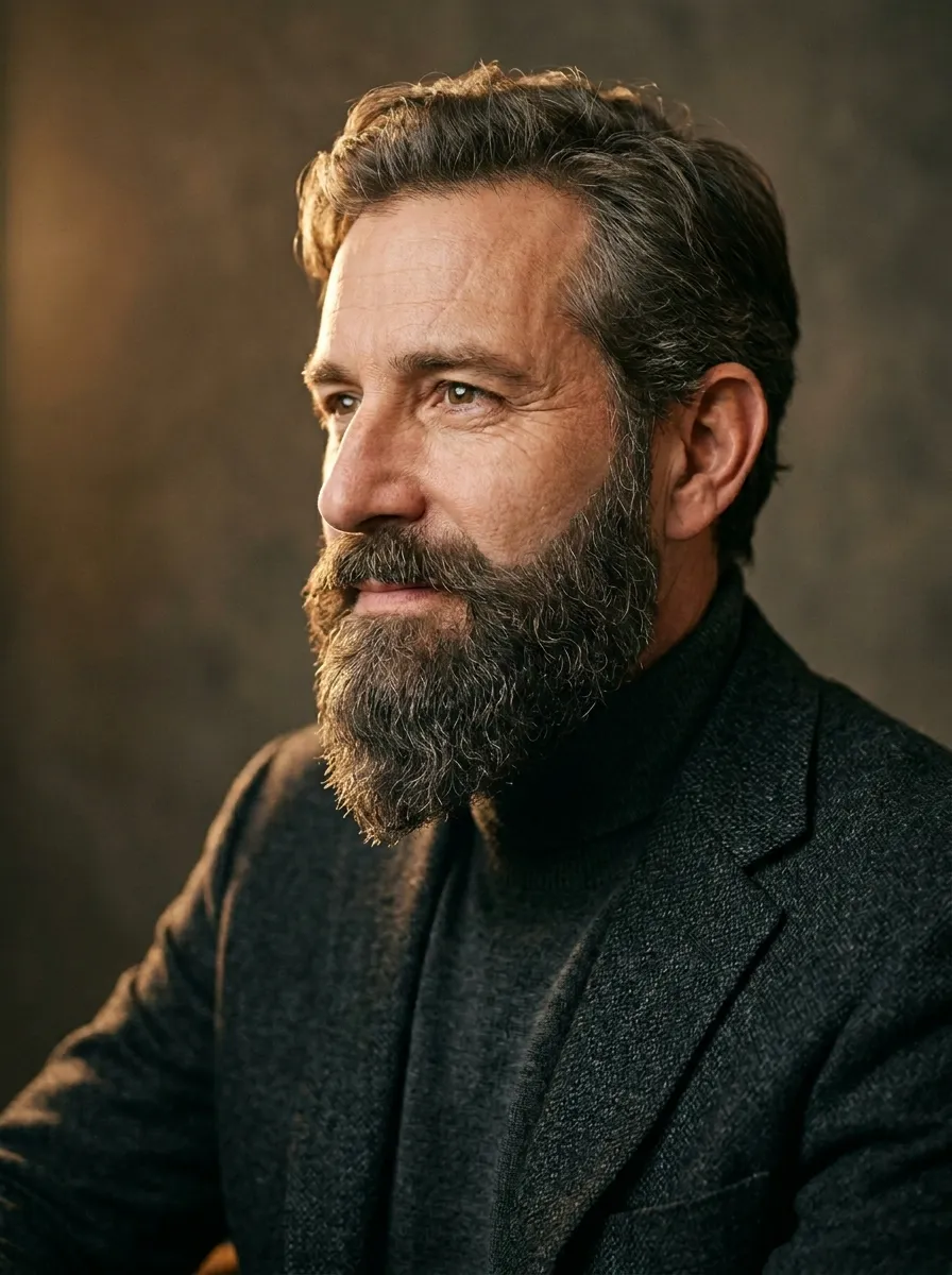 A side-profile and slight front angle portrait of a man with a full ducktail beard