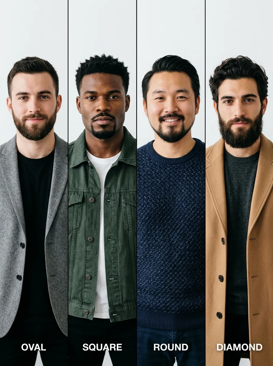 A split-panel editorial photograph showing four men side by side