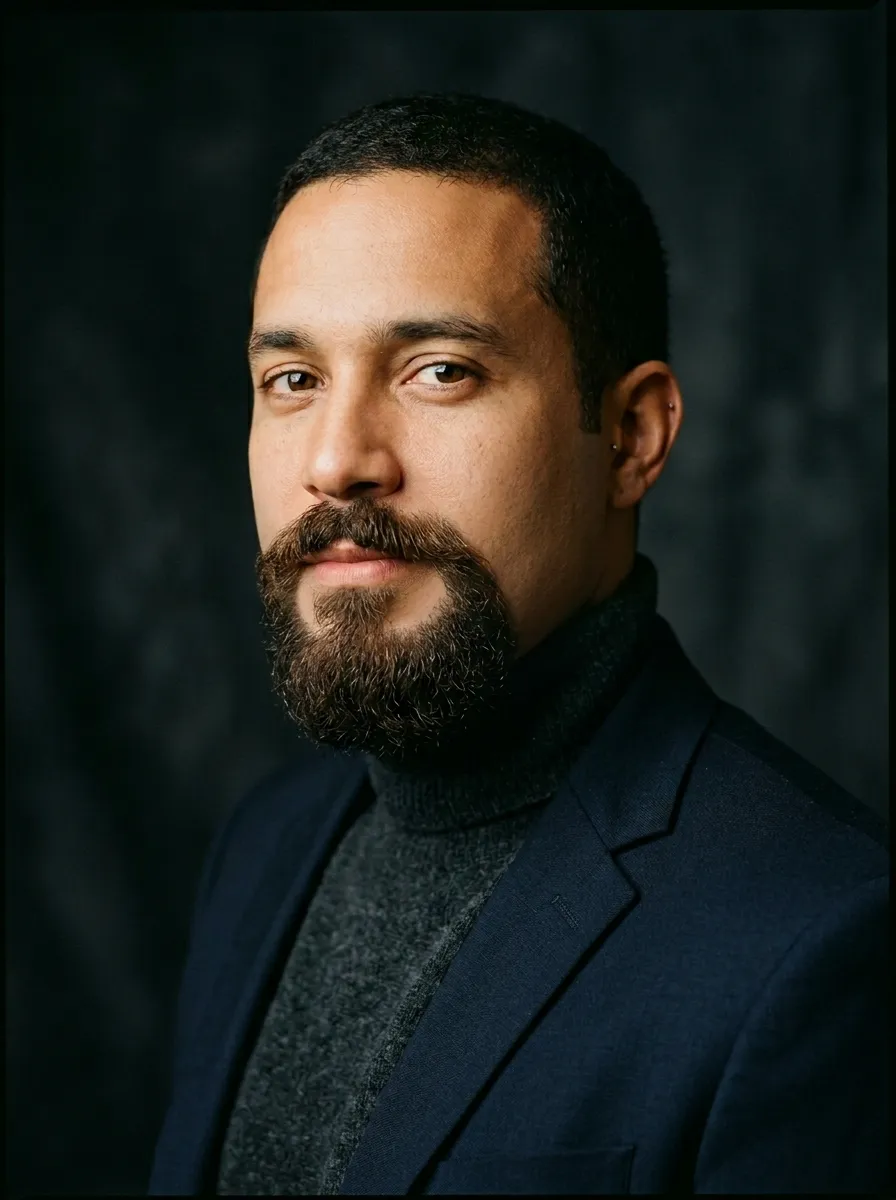 A three-quarter angle portrait of a man sporting a full circle beard with a connected mustache and rounded chin beard