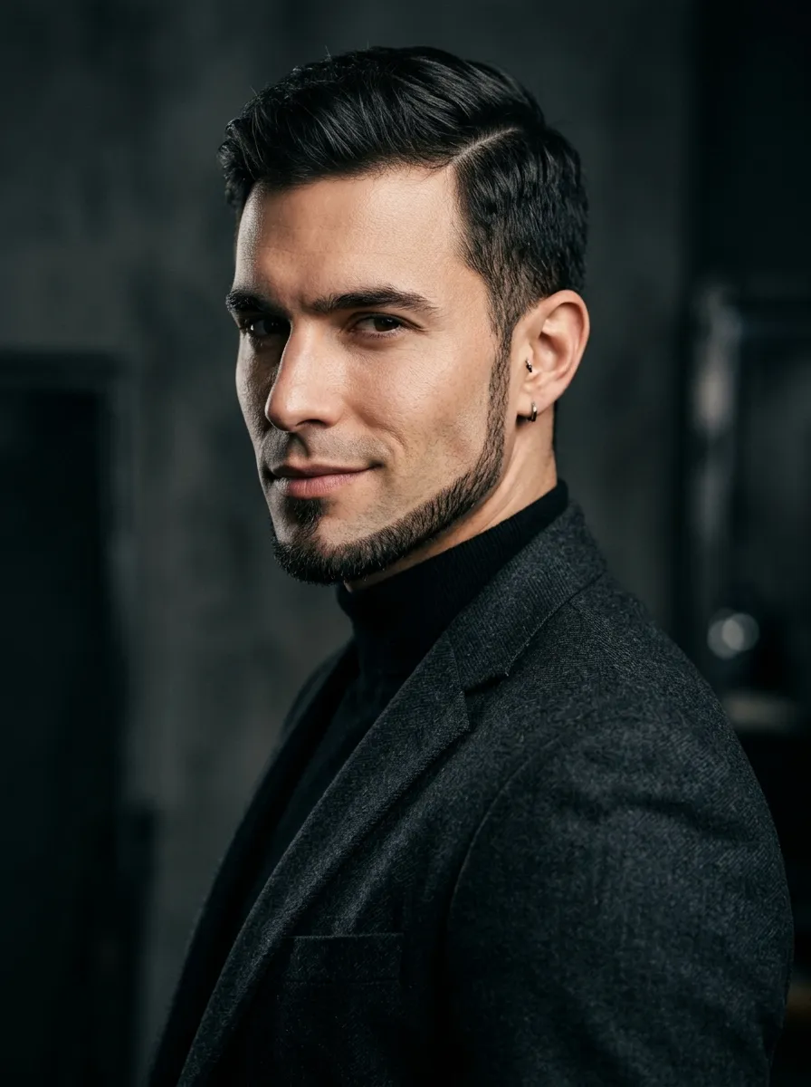 A three-quarter angle portrait of a man with a precise chinstrap beard