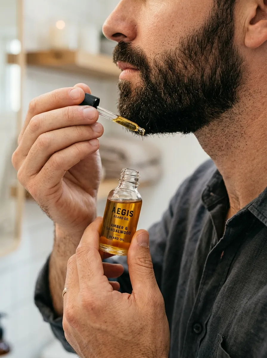 A well-lit close-up of a man's hands applying beard oil to a neatly trimmed dark beard