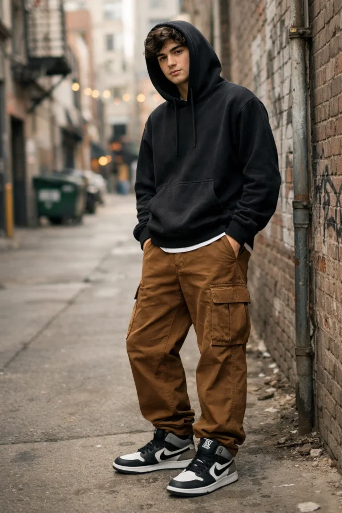Brown Cargo Pants with a Black Hoodie