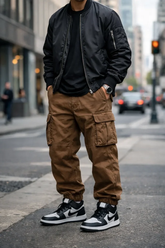 Brown Cargo Pants with a Bomber Jacket