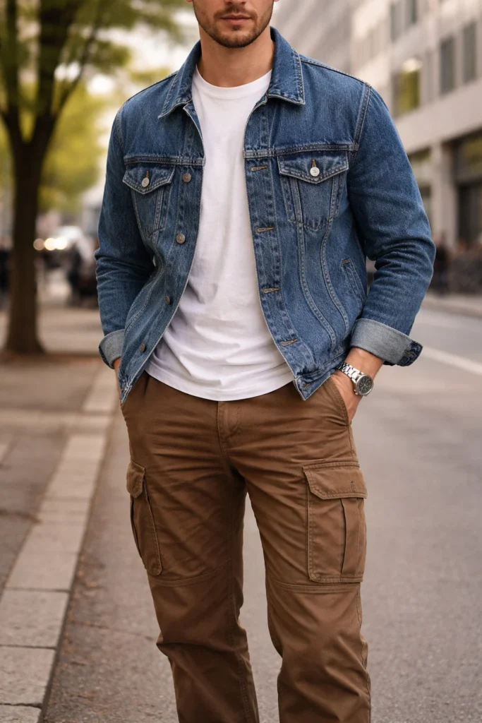 Brown Cargo Pants with a Denim Jacket