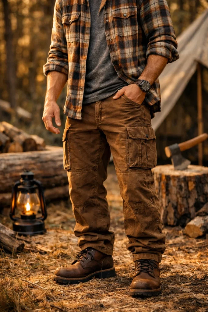 Brown Cargo Pants with a Flannel Shirt