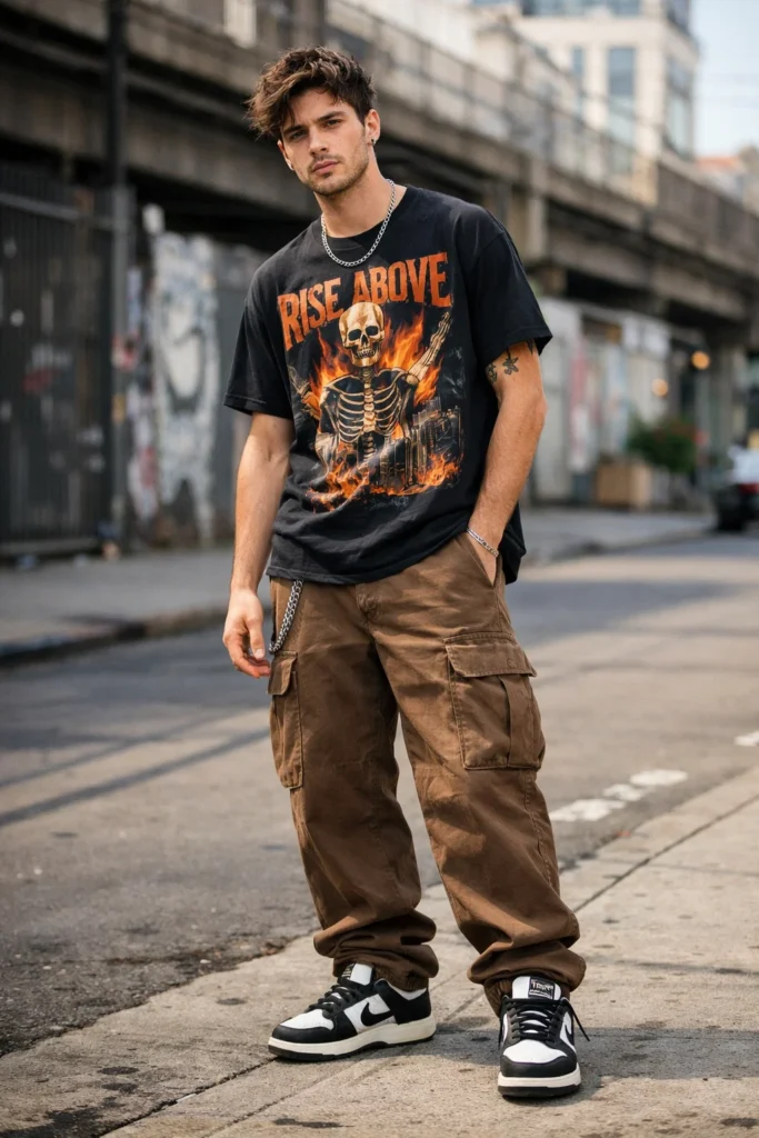 Brown Cargo Pants with a Graphic T Shirt