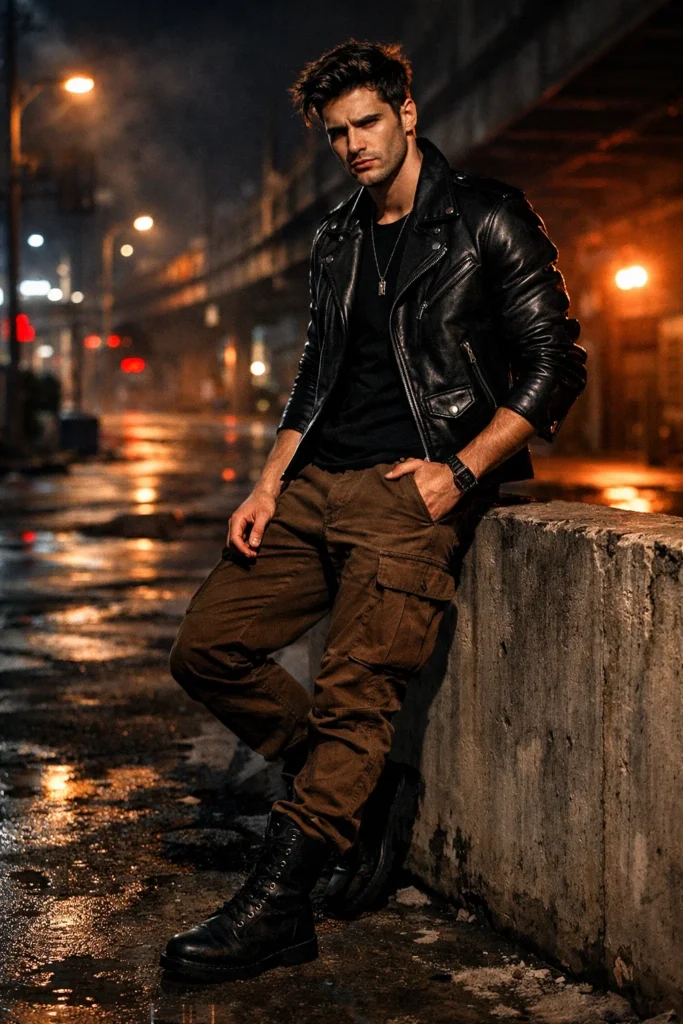 Brown Cargo Pants with a Leather Jacket