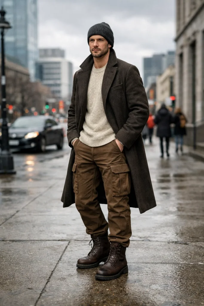 Brown Cargo Pants with a Long Coat
