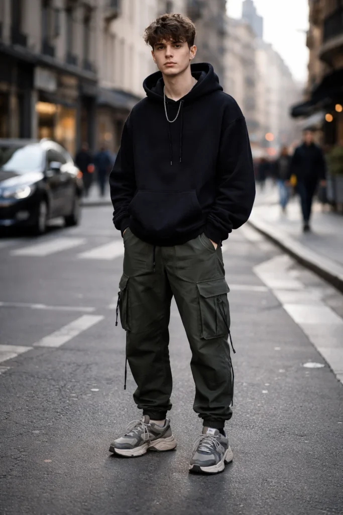 Green Cargo Pants with a Black Hoodie