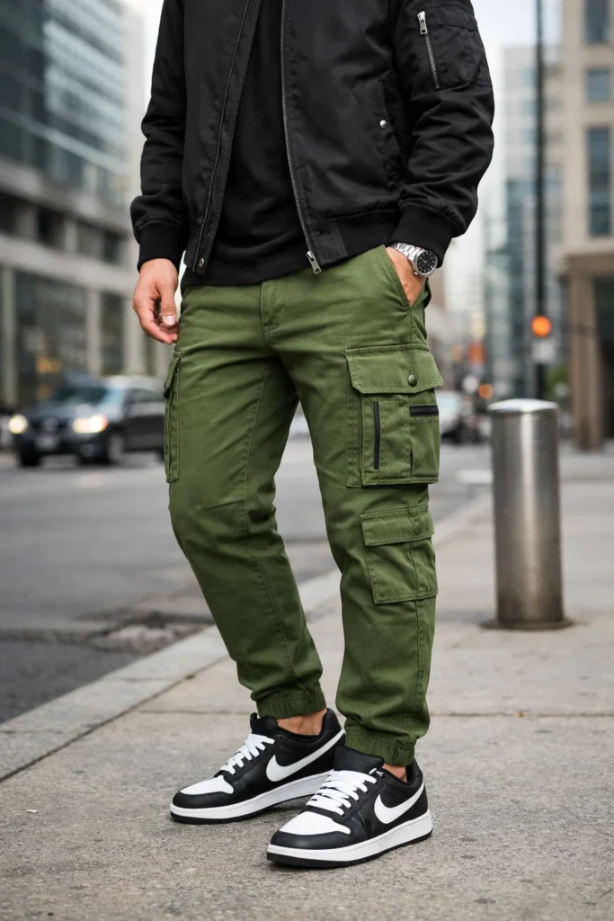 Green Cargo Pants with a Bomber Jacket