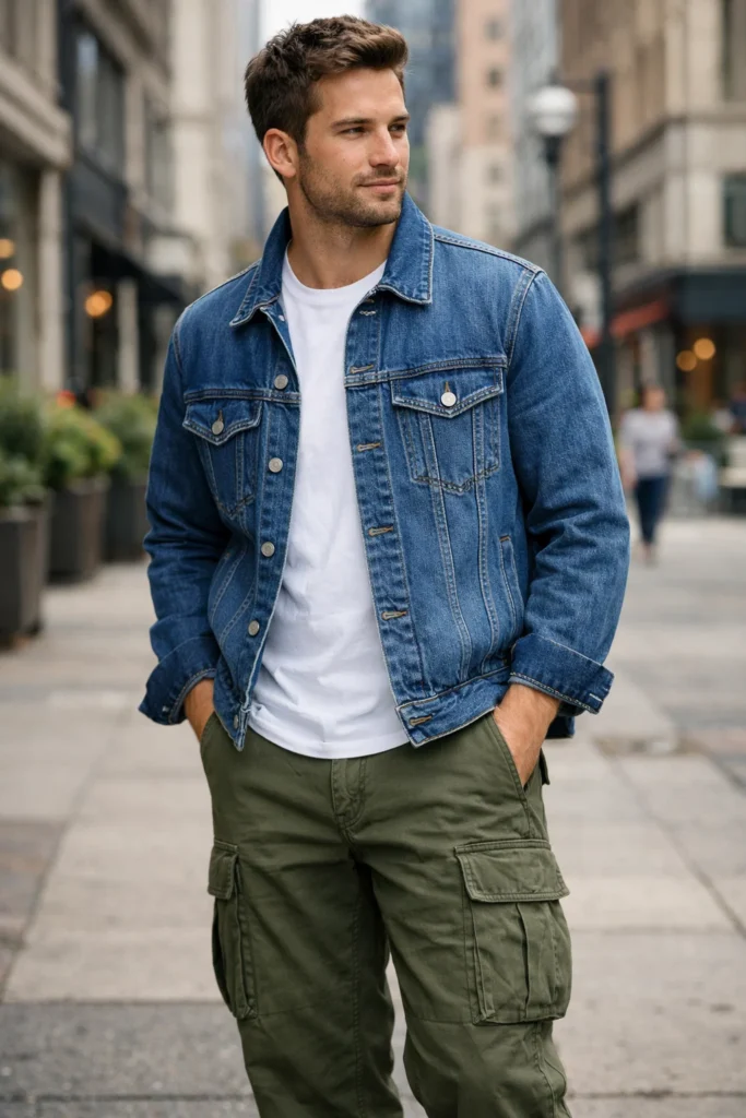 Green Cargo Pants with a Denim Jacket