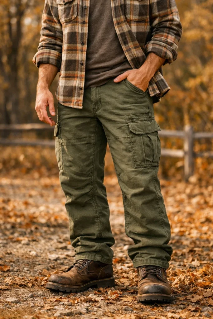 Green Cargo Pants with a Flannel Shirt