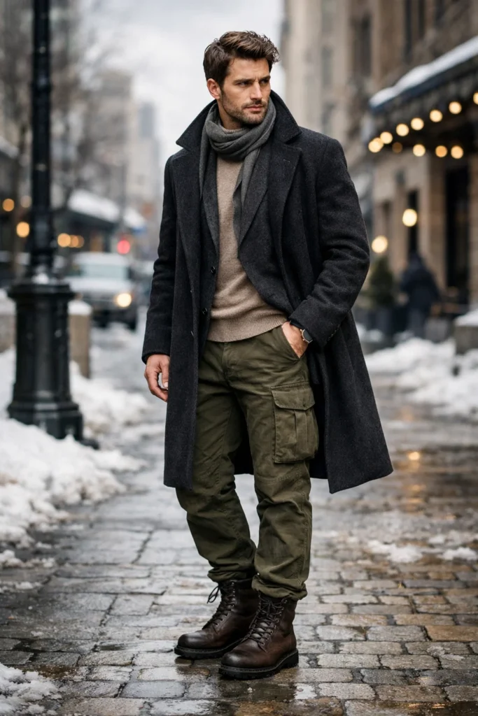 Green Cargo Pants with a Long Coat
