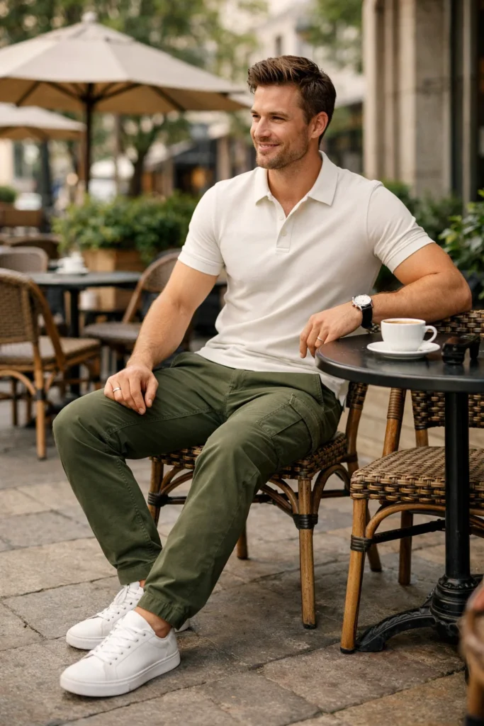 Green Cargo Pants with a Polo Shirt
