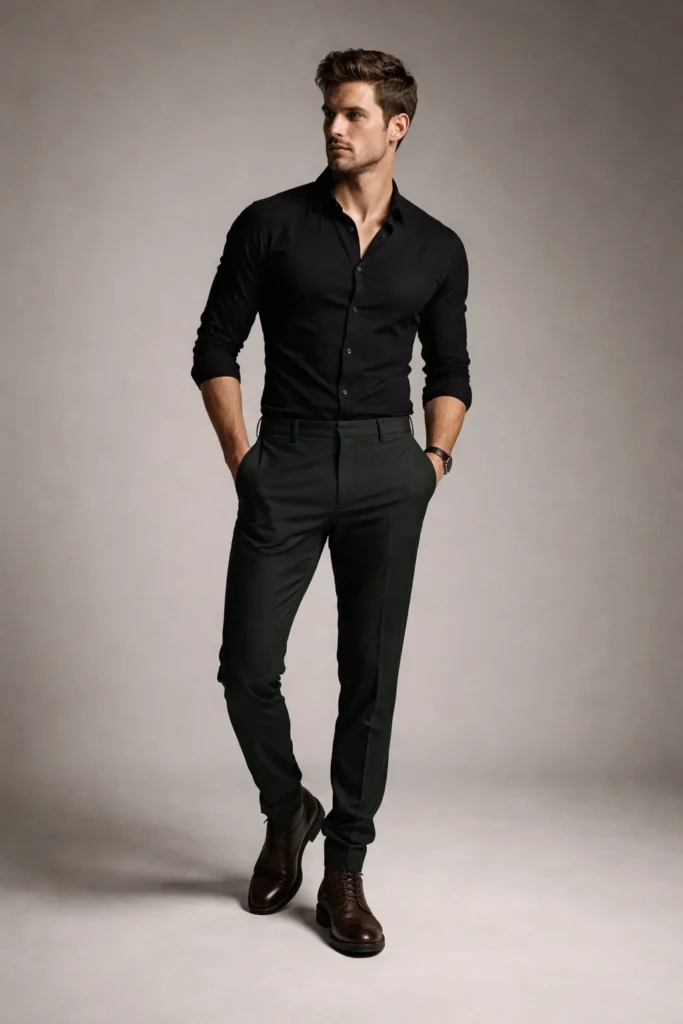 Green Pants with a Black Shirt