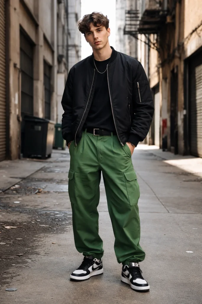 Green Pants with a Bomber Jacket