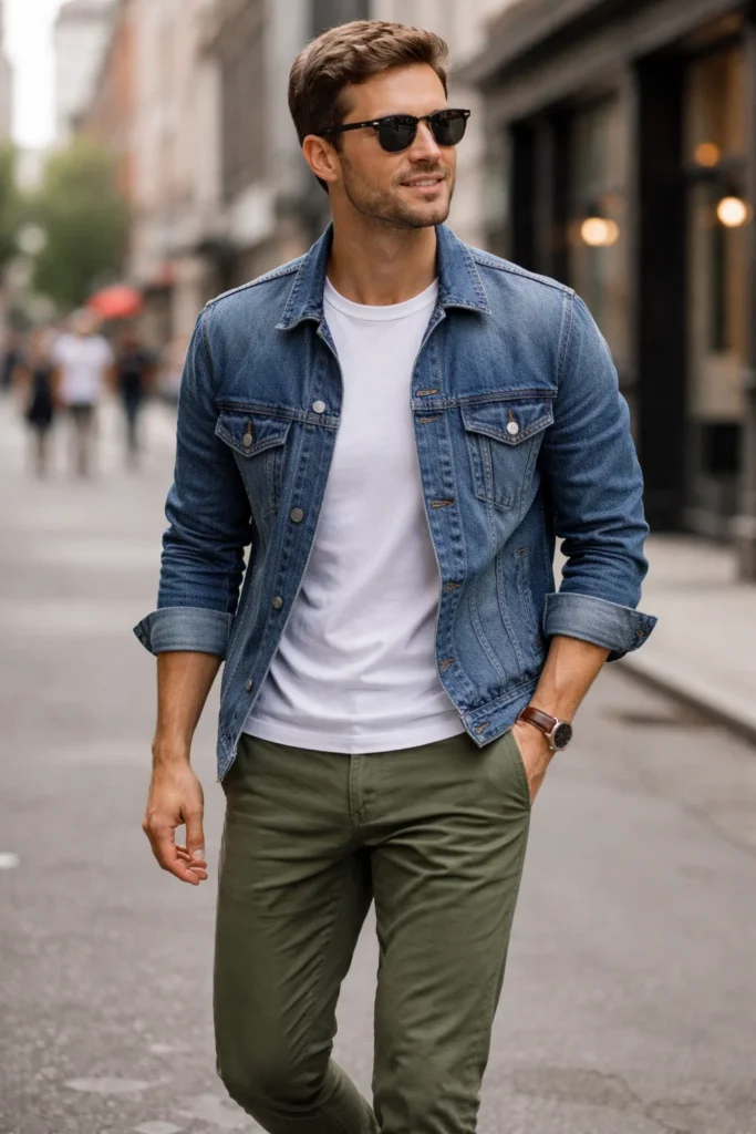 Green Pants with a Denim Jacket