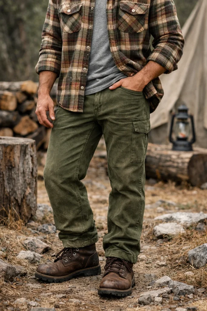 Green Pants with a Flannel Shirt