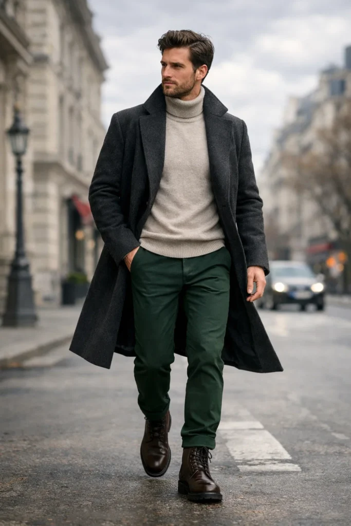 Green Pants with a Long Coat