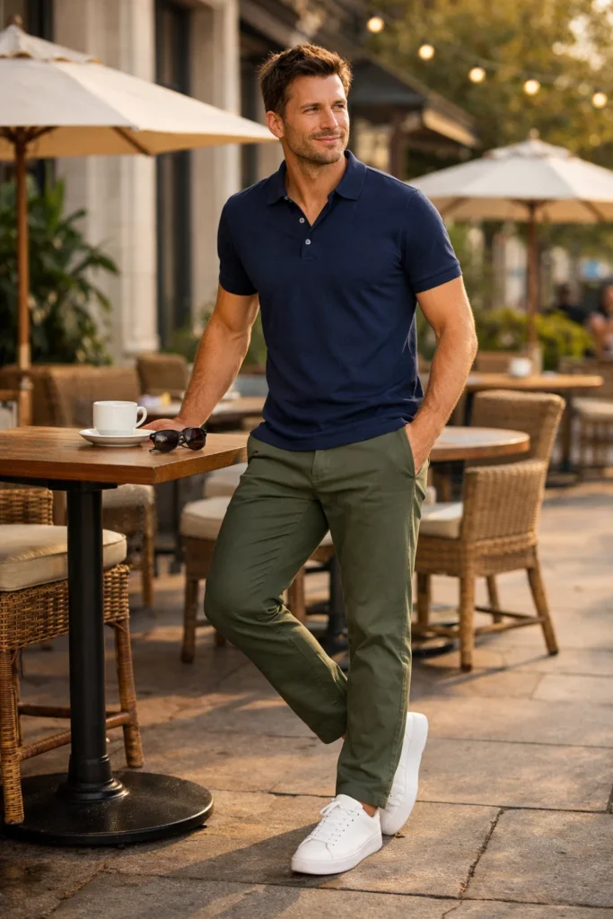 Green Pants with a Polo Shirt