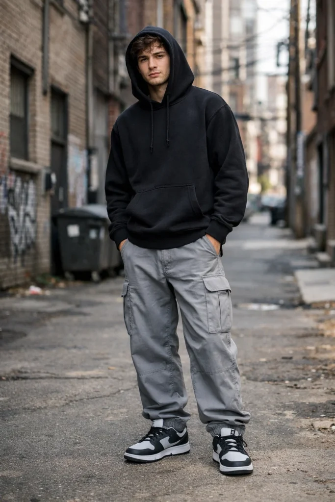 Grey Cargo Pants with a Black Hoodie