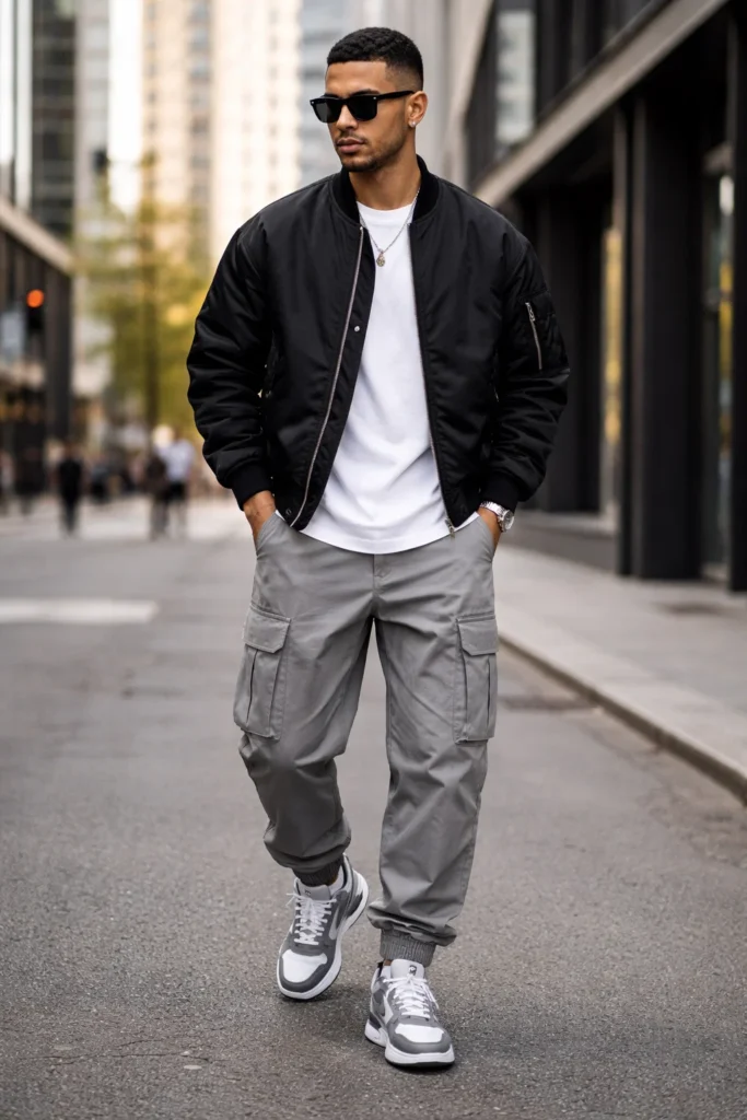 Grey Cargo Pants with a Bomber Jacket