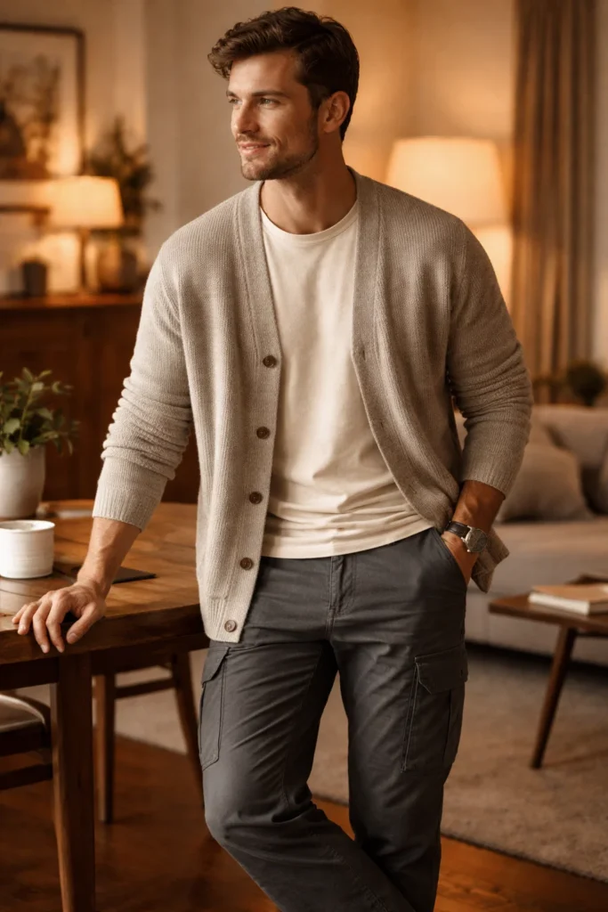 Grey Cargo Pants with a Cardigan