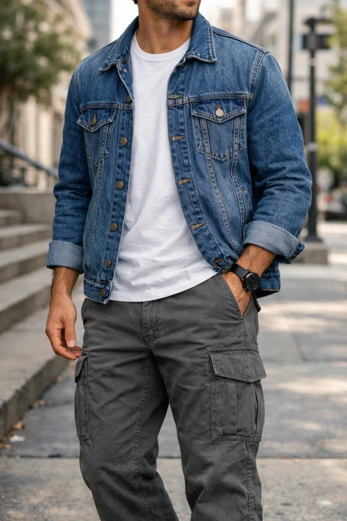 Grey Cargo Pants with a Denim Jacket