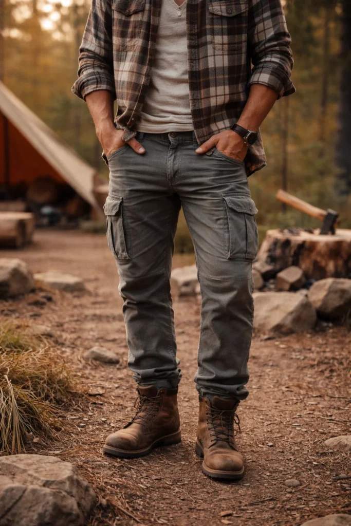 Grey Cargo Pants with a Flannel Shirt