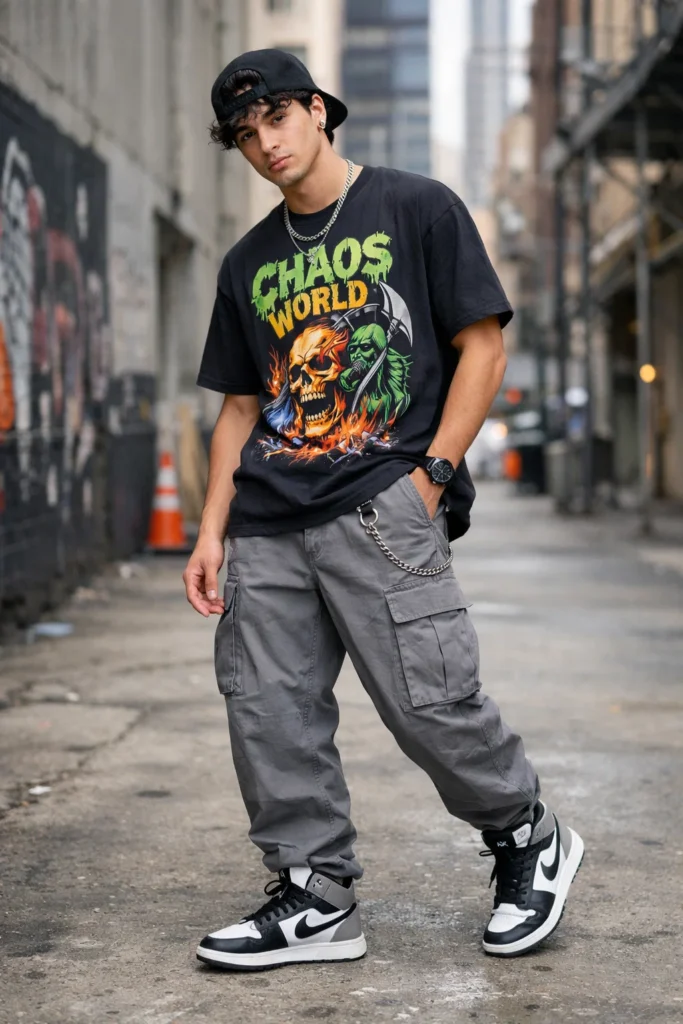 Grey Cargo Pants with a Graphic T Shirt