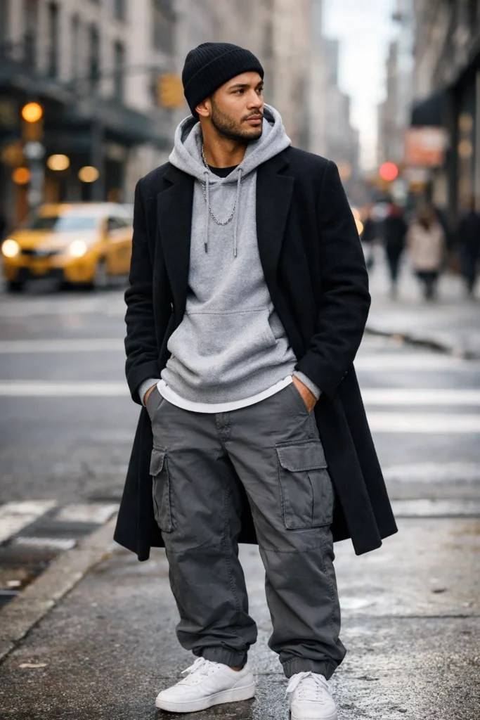 Grey Cargo Pants with a Hoodie and Coat Layer