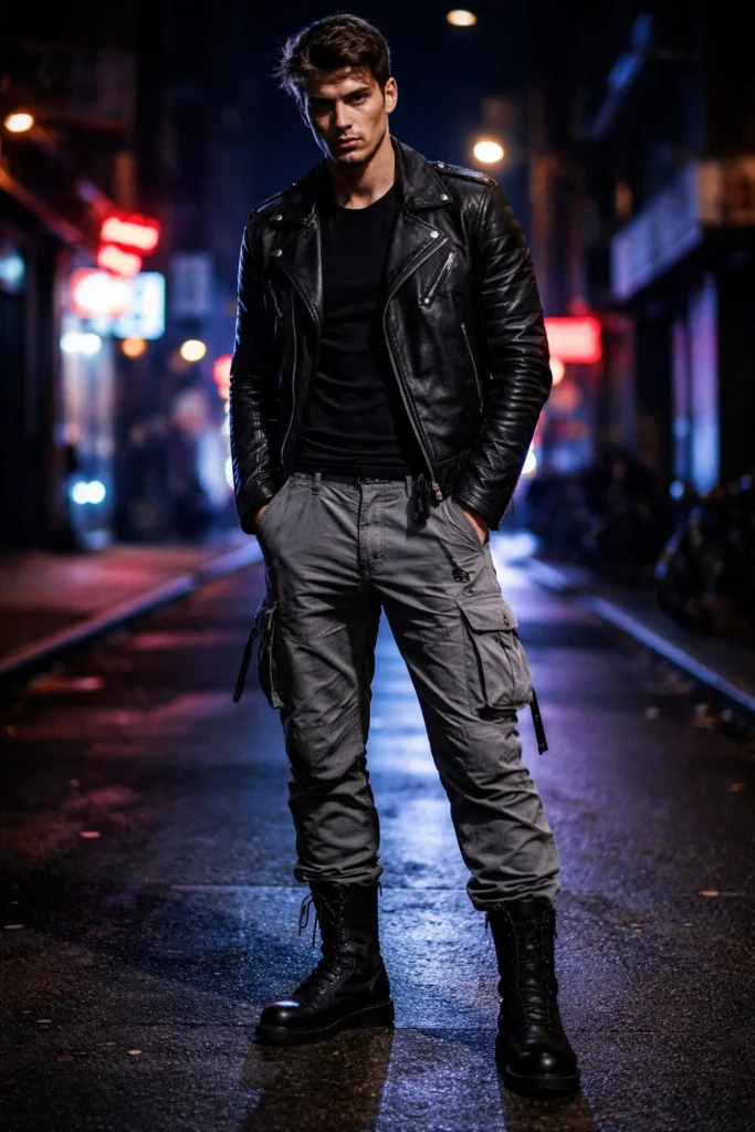 Grey Cargo Pants with a Leather Jacket