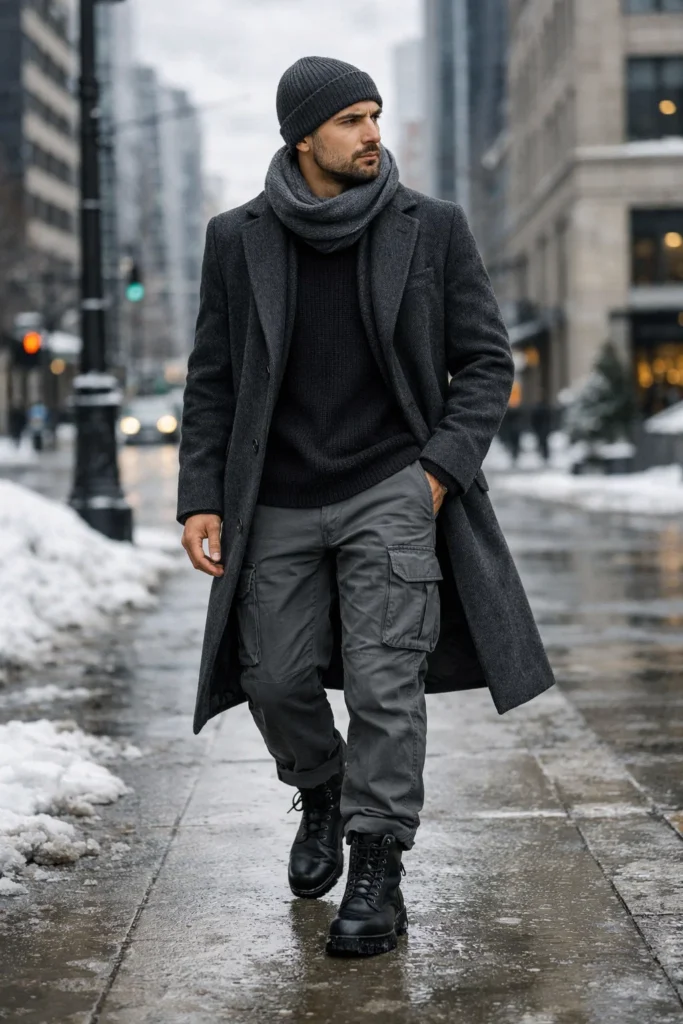 Grey Cargo Pants with a Long Coat