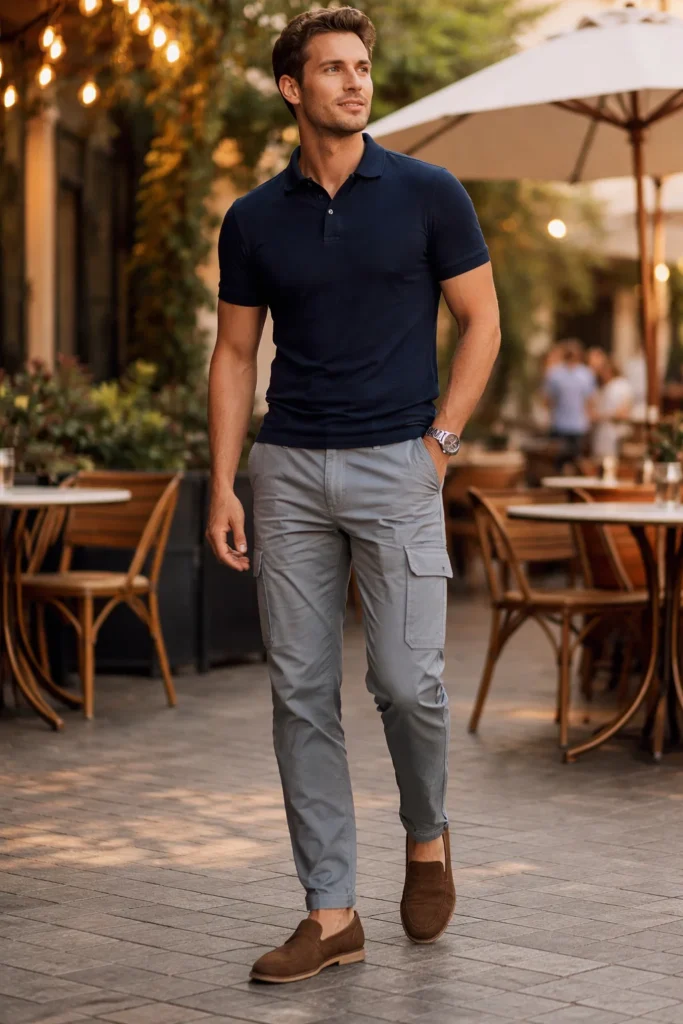Grey Cargo Pants with a Polo Shirt