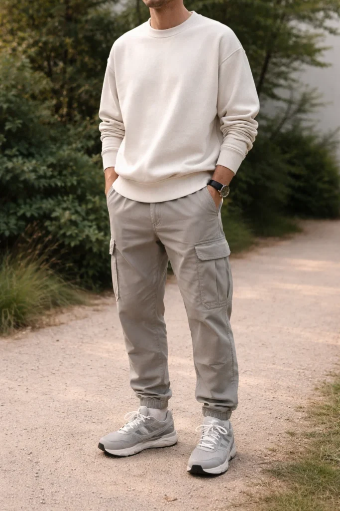Grey Cargo Pants with a Sweatshirt