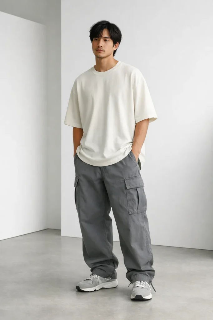 Grey Cargo Pants with an Oversized Shirt