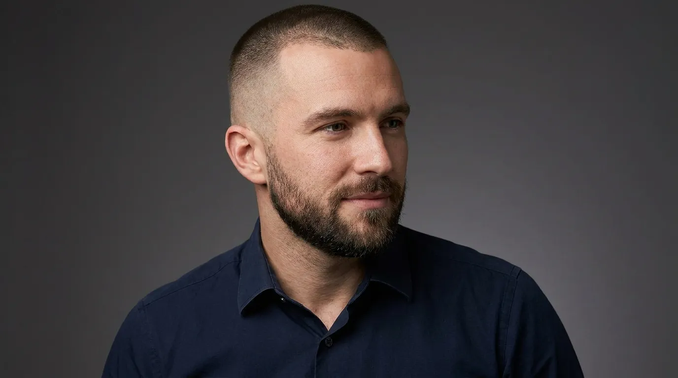 A close up portrait of a well groomed modern man in his early thirties with a sharp buzz cut