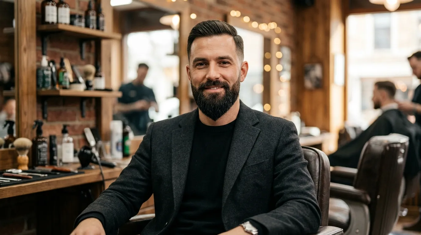A confident, well-groomed man in his early 30s with a perfectly styled ducktail beard
