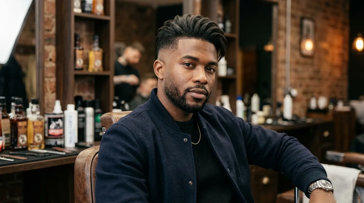 A modern professional editorial portrait of a stylish young man wearing a skin fade undercut hairstyle