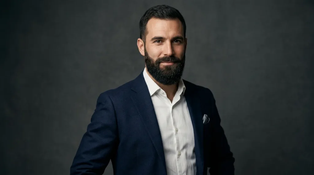 A professional editorial studio photograph of a confident, well-groomed man