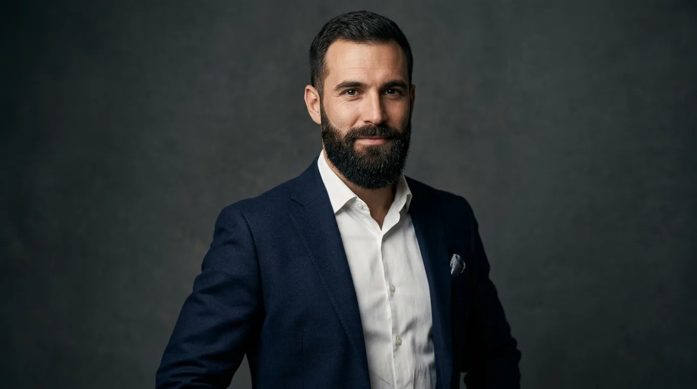 A professional editorial studio photograph of a confident, well-groomed man