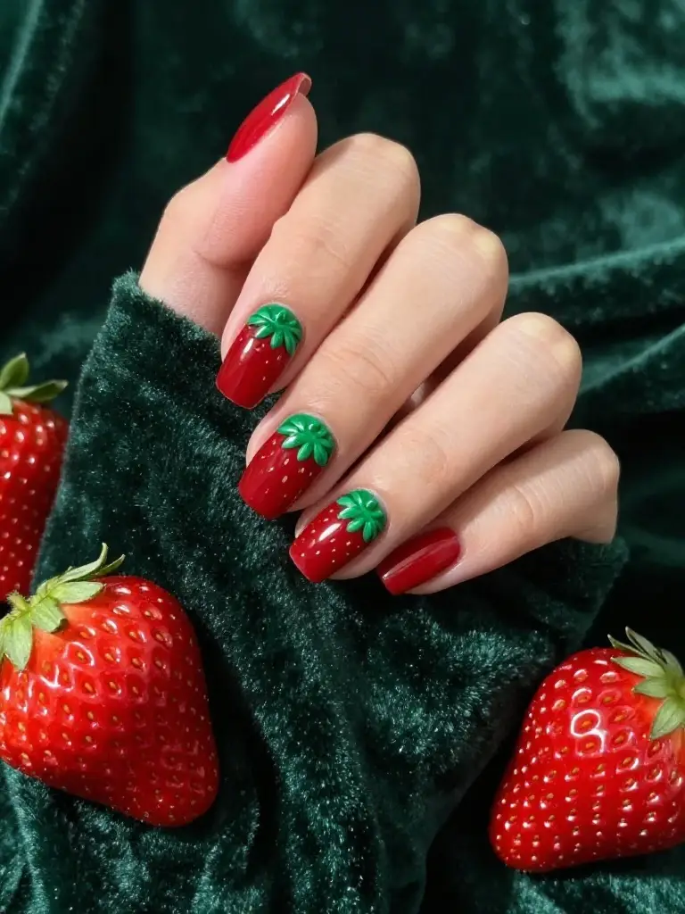 Red and Green Strawberry Nails — Classic Combo Done Right