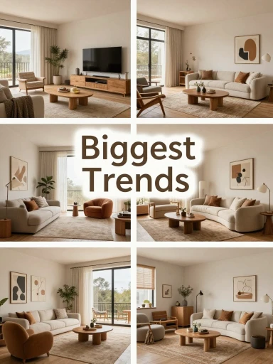 A full-home montage blending warm palettes, organic shapes, and natural materials across multiple rooms.
