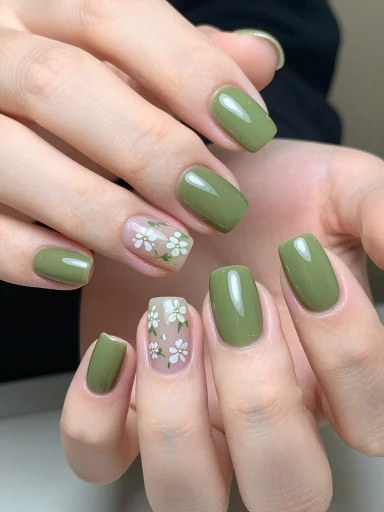 Floral Olive Green Nail Designs