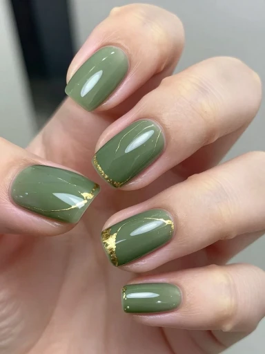 Olive Green Nails with Gold Accents