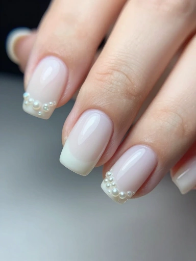 Milky White Nails with Pearl Accents