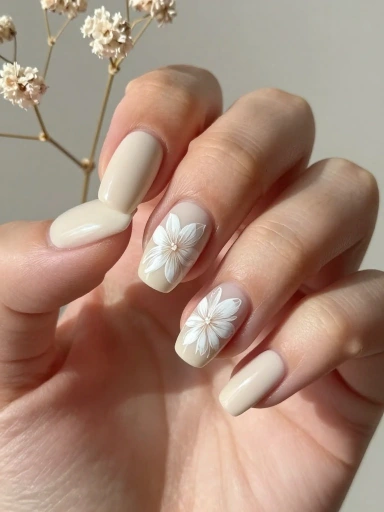 Cloud Dancer Nails with Subtle Floral Details