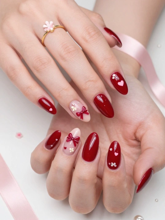 Cherry Red Nails with Coquette Details