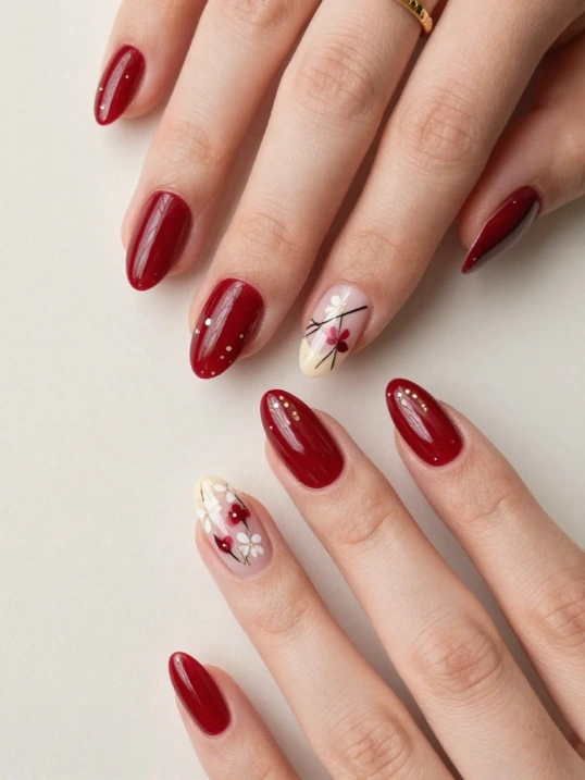 Cherry Red Nail Art: Florals, Dots, and Line Work