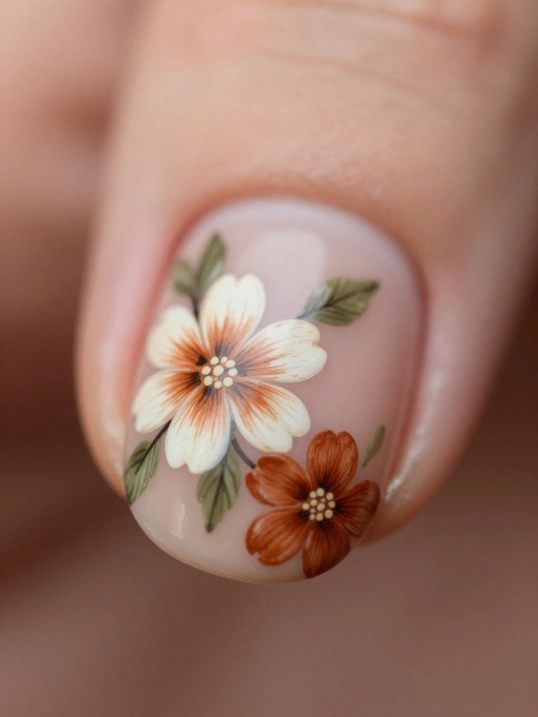16. Autumn Floral Nails with Delicate Fall Details